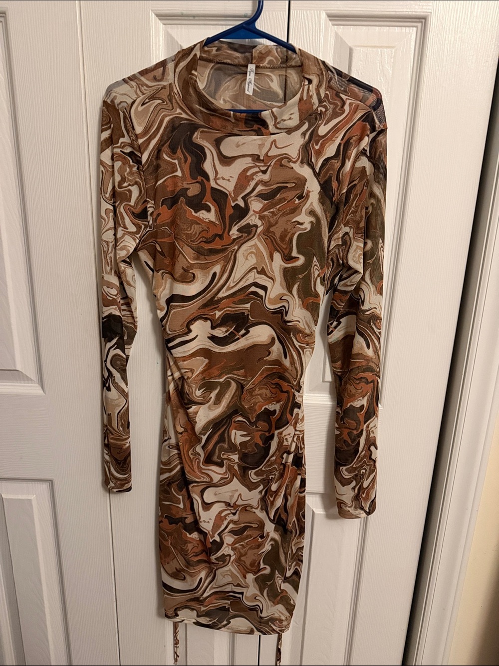 Long-Sleeve Brown Marble Print Bodycon Dress